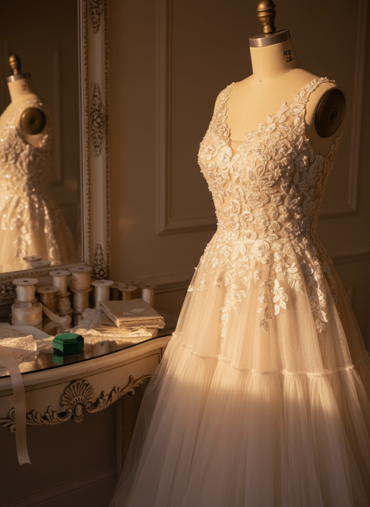 A close-up, waist-to-hem view of an exquisitely detailed lace wedding dress on a dress form, the bodice covered in hand-embroidered floral Chantilly lace with tiny pearl accents, fading into layers of soft tulle in a delicate blush tone. The mannequin is positioned near an antique mirrored console in a private bridal salon, with neatly arranged silk ribbons, fabric swatches, and a single, closed velvet ring box resting on the surface. Golden hour light enters from an unseen window, skimming across the lace and catching the pearls, creating a warm glow and fine, elegant shadows. Captured from a slightly angled side perspective in photographic realism, the mood is romantic, refined, and quietly emotional, emphasizing craftsmanship and intimate selection.