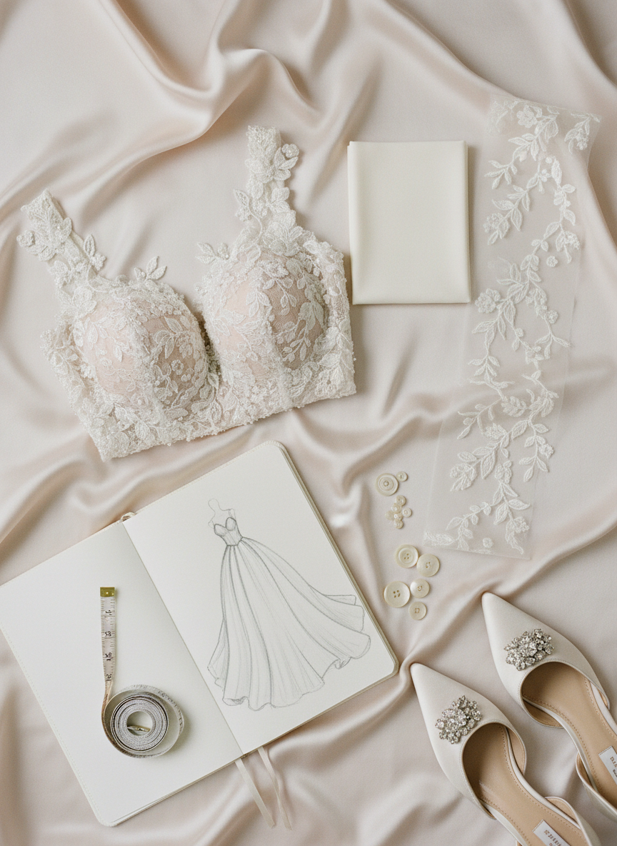 A refined flat lay composition on a pale blush silk backdrop featuring the meticulously arranged elements of a bridal look: a delicately beaded lace bodice folded with care, a swatch of smooth ivory crepe, a strip of embroidered tulle, and a pair of satin pointed-toe bridal mules with understated crystal embellishments. Nearby rests a slim, leather-bound sketchbook open to a pencil drawing of a wedding gown, alongside fine metal measuring tape and polished mother-of-pearl buttons. Shot from a bird’s-eye view in photographic realism with soft, diffused studio lighting, the scene is bathed in a gentle, even glow, with subtle shadows adding depth. The mood is artistic, intimate, and sophisticated, suggesting the thoughtful creation and soulful selection of the perfect dress.